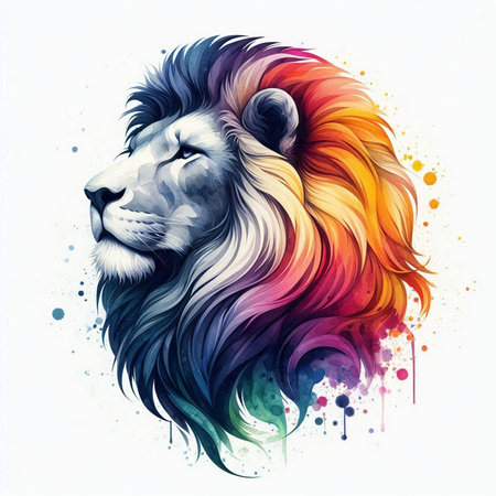 Lion head with colorful splashes on white background. Vector illustration.の素材