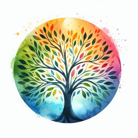 Colorful watercolor tree on a white background. Vector illustration.の素材