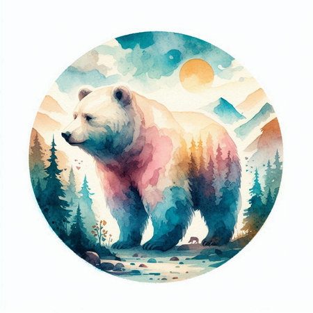 Watercolor illustration of a polar bear in the forest. Wild animal.の素材