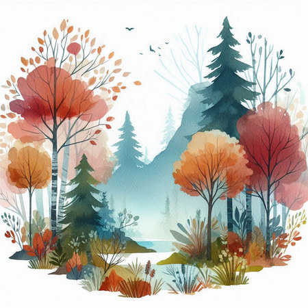 Autumn landscape with forest and lake. Watercolor hand drawn illustrationの素材