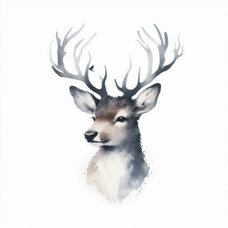 Watercolor illustration of a deer head, isolated on a white background.の素材