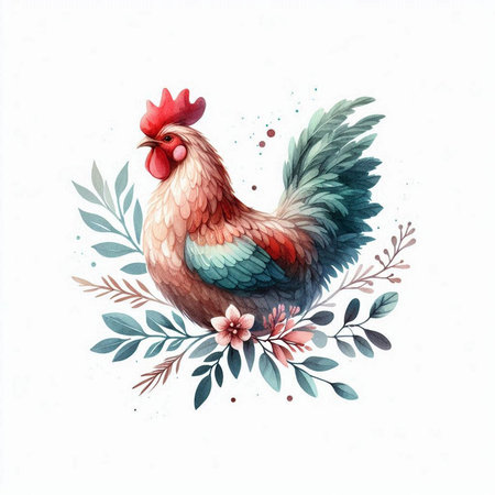 Watercolor rooster on a white background. Hand drawn illustration.の素材