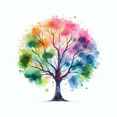 Watercolor tree with colorful splashes on white background. Vector illustration.の素材
