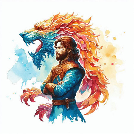 Portrait of a handsome man with a dragon in his hands. Watercolor illustration.の素材