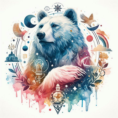 Polar bear on colorful watercolor background. Hand drawn illustration.の素材