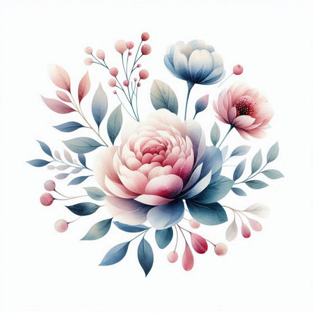 Watercolor floral bouquet with peony flowers and leaves. Hand drawn vector illustration.の素材