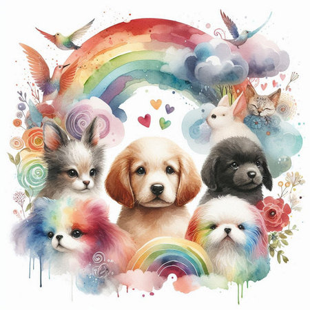 Watercolor illustration of a group of dogs with rainbow and clouds.の素材