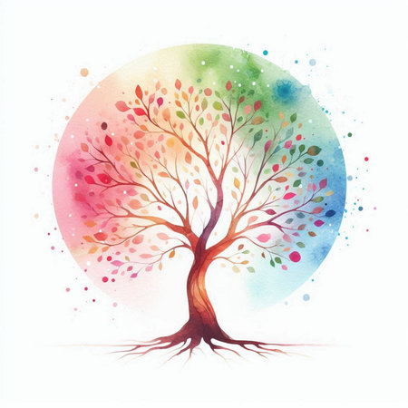 Watercolor tree with colorful leaves on white background. Vector illustration.の素材