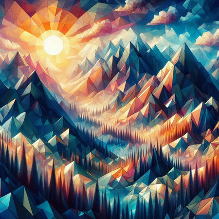 Colorful abstract background with mountains, sun and clouds. Digital painting.の素材