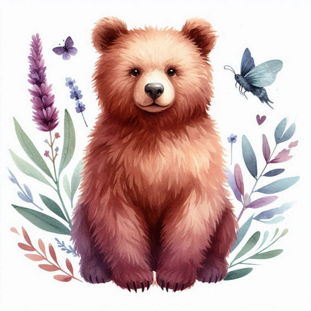 Cute brown bear with flowers and butterflies. Watercolor illustration.の素材