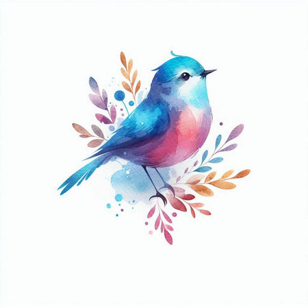 Watercolor illustration with a blue bird. Hand drawn bird on a white background.の素材
