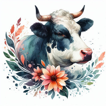 Watercolor cow with flowers. Hand drawn illustration isolated on white backgroundの素材