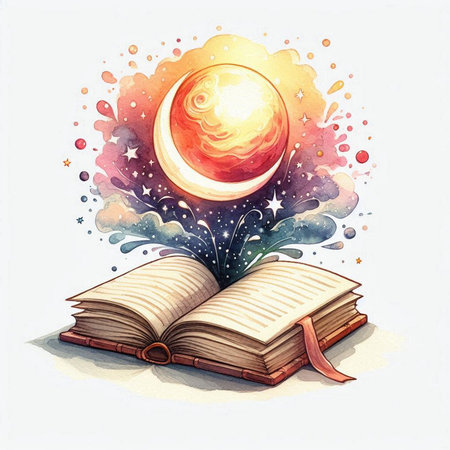 Illustration of an open book with a moon in the background.の素材