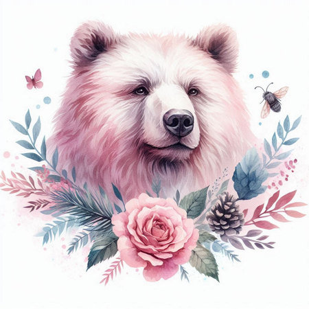 Watercolor portrait of a cute bear with flowers on a white backgroundの素材