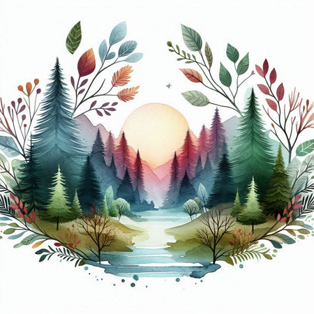 Watercolor landscape with forest and lake. Hand drawn vector illustration.の素材