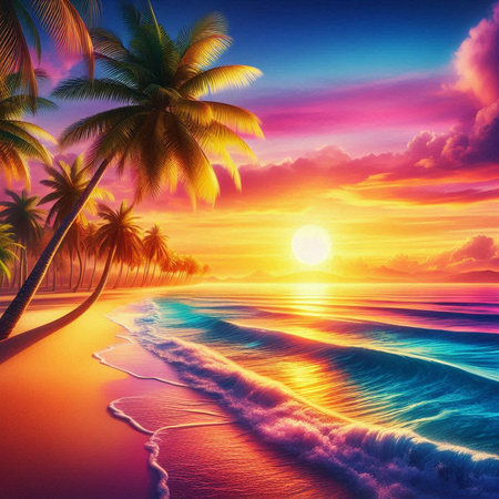 Beautiful seascape with palm trees and sea waves at sunset.の素材