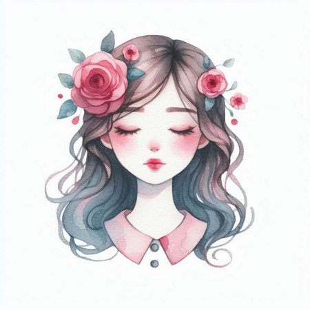 Watercolor illustration of a beautiful girl with flowers in her hair.の素材