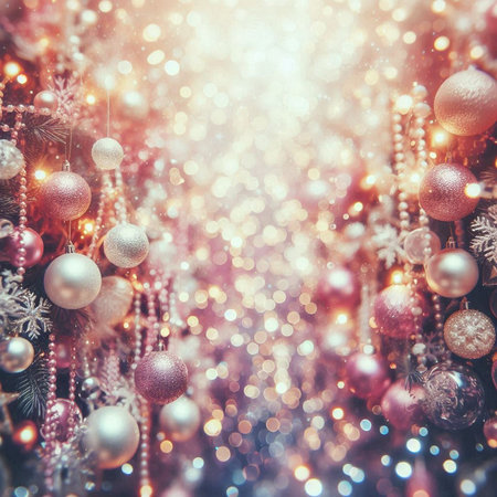 Christmas and New Year background with bokeh defocused lights and ornamentsの素材