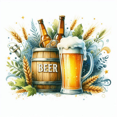 Beer poster. Hand drawn watercolor illustration, isolated on white backgroundの素材
