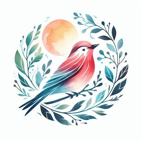 Hand drawn watercolor illustration of a bird on a background of nature.の素材