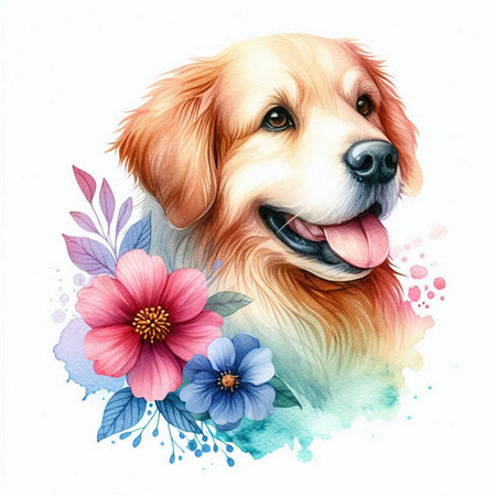 Watercolor portrait of a golden retriever dog with flowers, isolated on white backgroundの素材