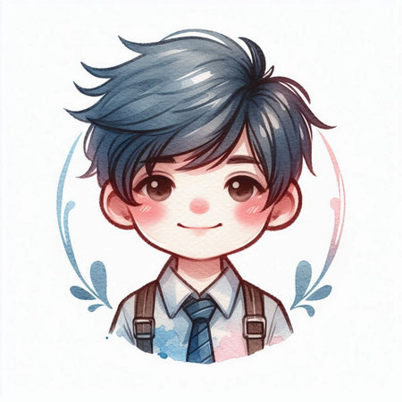 Portrait of a boy with blue hair and blue eyes. Vector illustration.の素材
