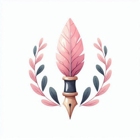 Watercolor illustration of a feather pen with laurel wreath.の素材
