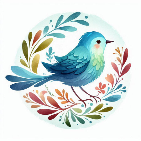 Cute blue bird with floral ornament. Hand drawn watercolor illustration.の素材