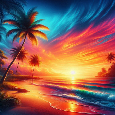 Beautiful seascape with palm trees at sunset. 3D renderingの素材
