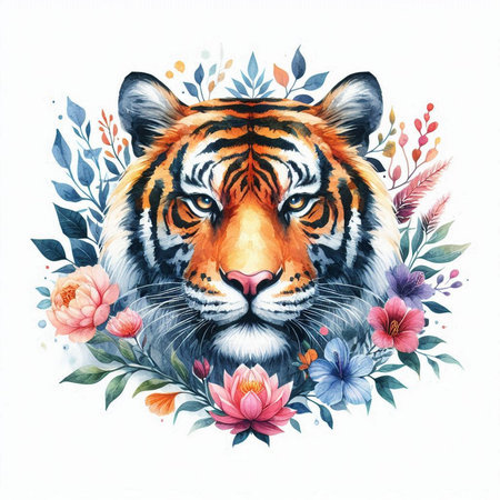 Hand drawn watercolor tiger with flowers and leaves isolated on white backgroundの素材