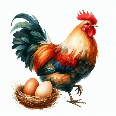 Vector illustration of a rooster with eggs in a nest on a white backgroundの素材