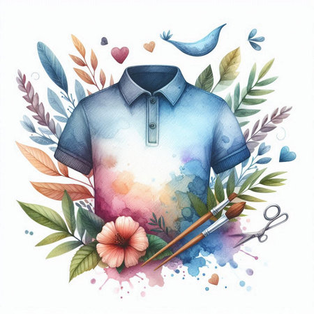 Watercolor illustration of a polo shirt with flowers and floral elementsの素材