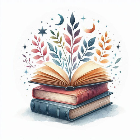 Hand drawn illustration of open book with leaves and stars. Education conceptの素材