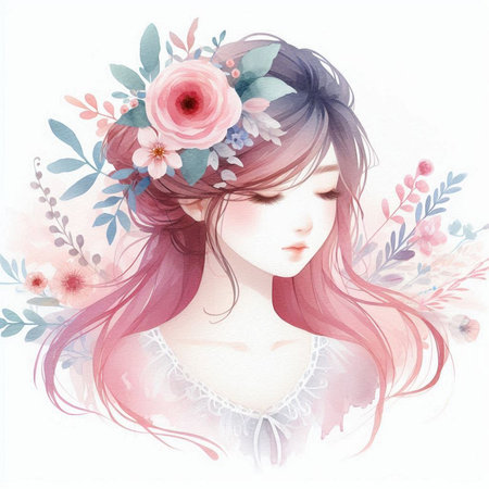 Beautiful girl in a wreath of flowers. Watercolor illustration.の素材