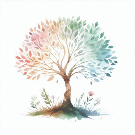 Watercolor tree with grass and flowers, hand drawn illustration on white backgroundの素材