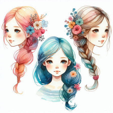 Watercolor portrait of beautiful girls with long hair and flowers in their hair.の素材