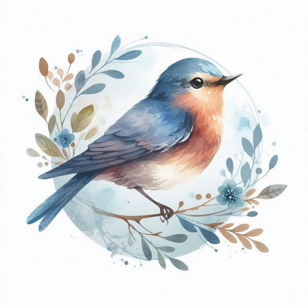 Watercolor illustration of a bluebird on a branch with flowers.の素材