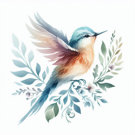 Illustration of a beautiful bird with flowers on a white background.の素材