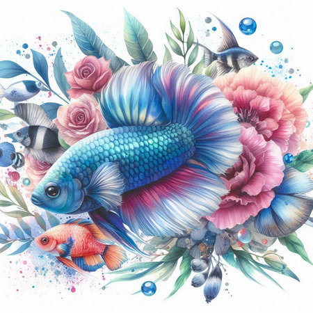 Beautiful watercolor painting of a fighting fish with flowers and leaves.の写真素材