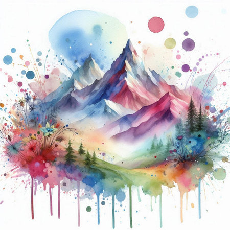 Mountain landscape with watercolor splashes. Digital art painting.の写真素材