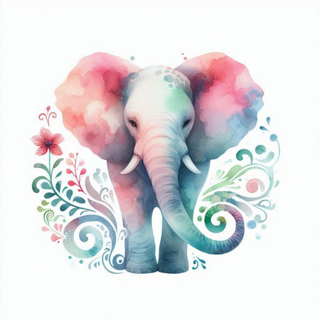 Watercolor illustration of an elephant with a floral ornament on a white backgroundの素材