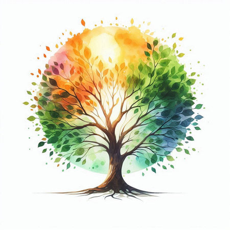 Watercolor autumn tree isolated on white background. Hand drawn illustration.の素材