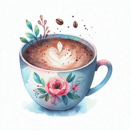 Watercolor illustration of a cup of coffee with a heart and flowers.の素材
