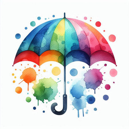 Watercolor umbrella with colorful splashes on white background. Vector illustration.の写真素材