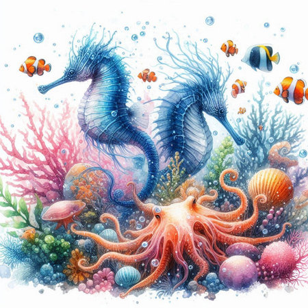 Underwater world with seahorses and corals. Watercolor illustrationの素材
