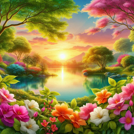 Spring landscape with beautiful flowers and lake in the morning, 3d renderの素材
