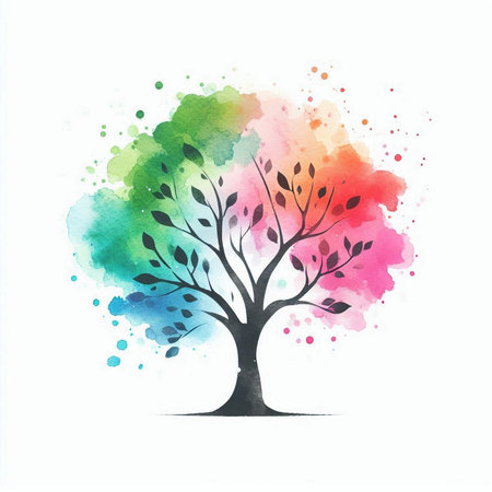Colorful watercolor tree on white background. Vector Illustration.の素材