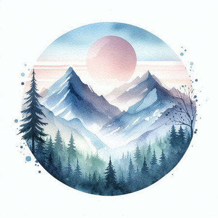 Watercolor landscape with mountains, pine trees and sun. Hand drawn illustrationの素材