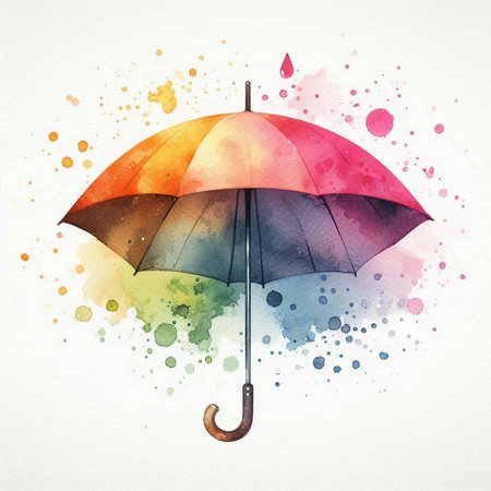 Watercolor umbrella on watercolor splashes background. Hand drawn illustrationの素材