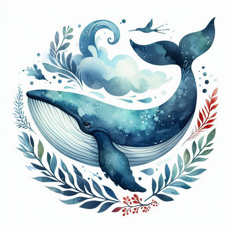 Watercolor illustration of a whale in the ocean. Hand drawn watercolor illustration.の素材
